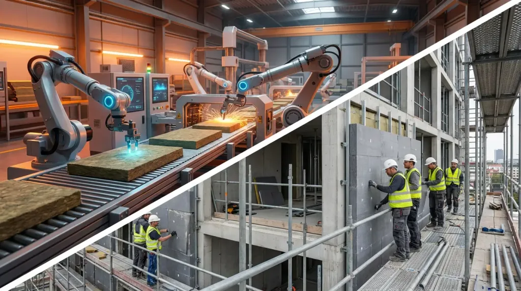 Роботы в производстве и монтаж утеплителя на фасаде