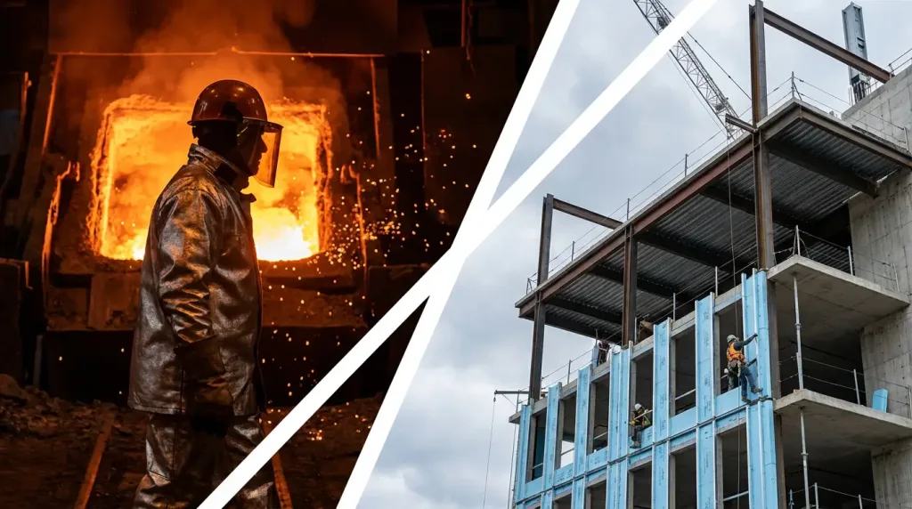 Рабочий у печи и утепление высотного здания