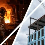 Рабочий у печи и утепление высотного здания